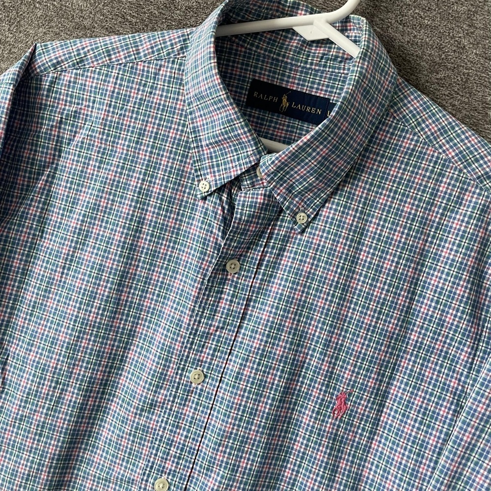 Ralph Lauren Shirt Mens L Blue Check Long Sleeve Button Down Cotton Pony Logo